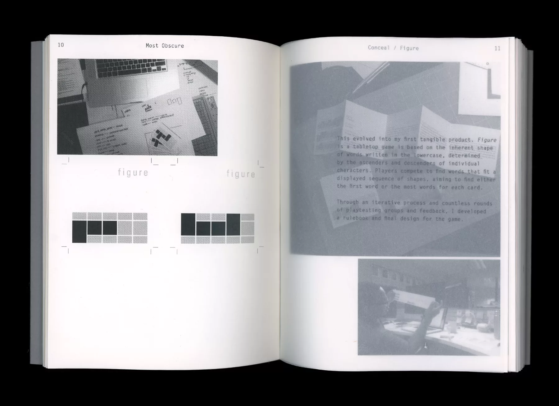 Spread of 'Most Obscure' book showing refined sketches and process for 'Figure' game based on letter height patterns.