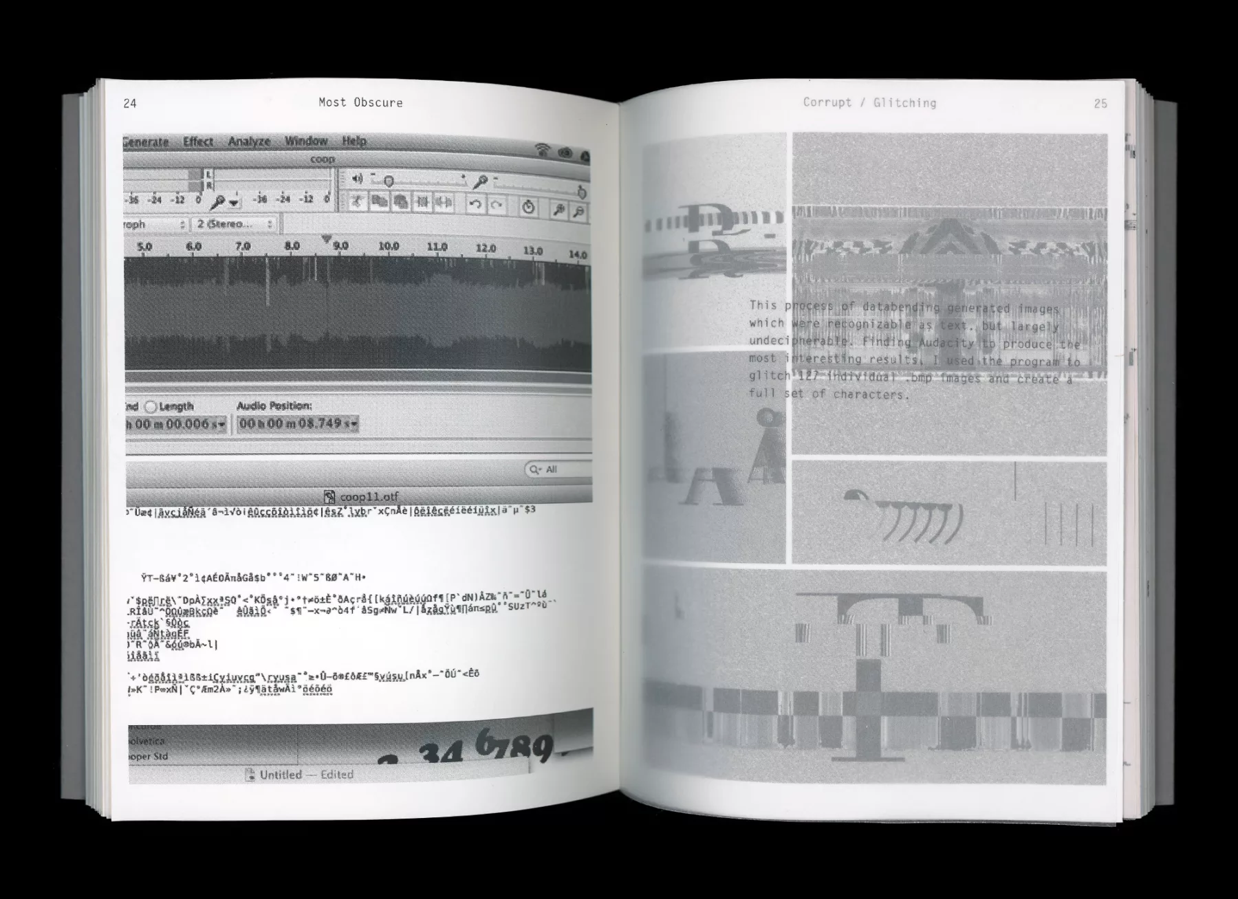 Spread of 'Most Obscure' book showing Audacity waveforms from the process of databending typefaces.