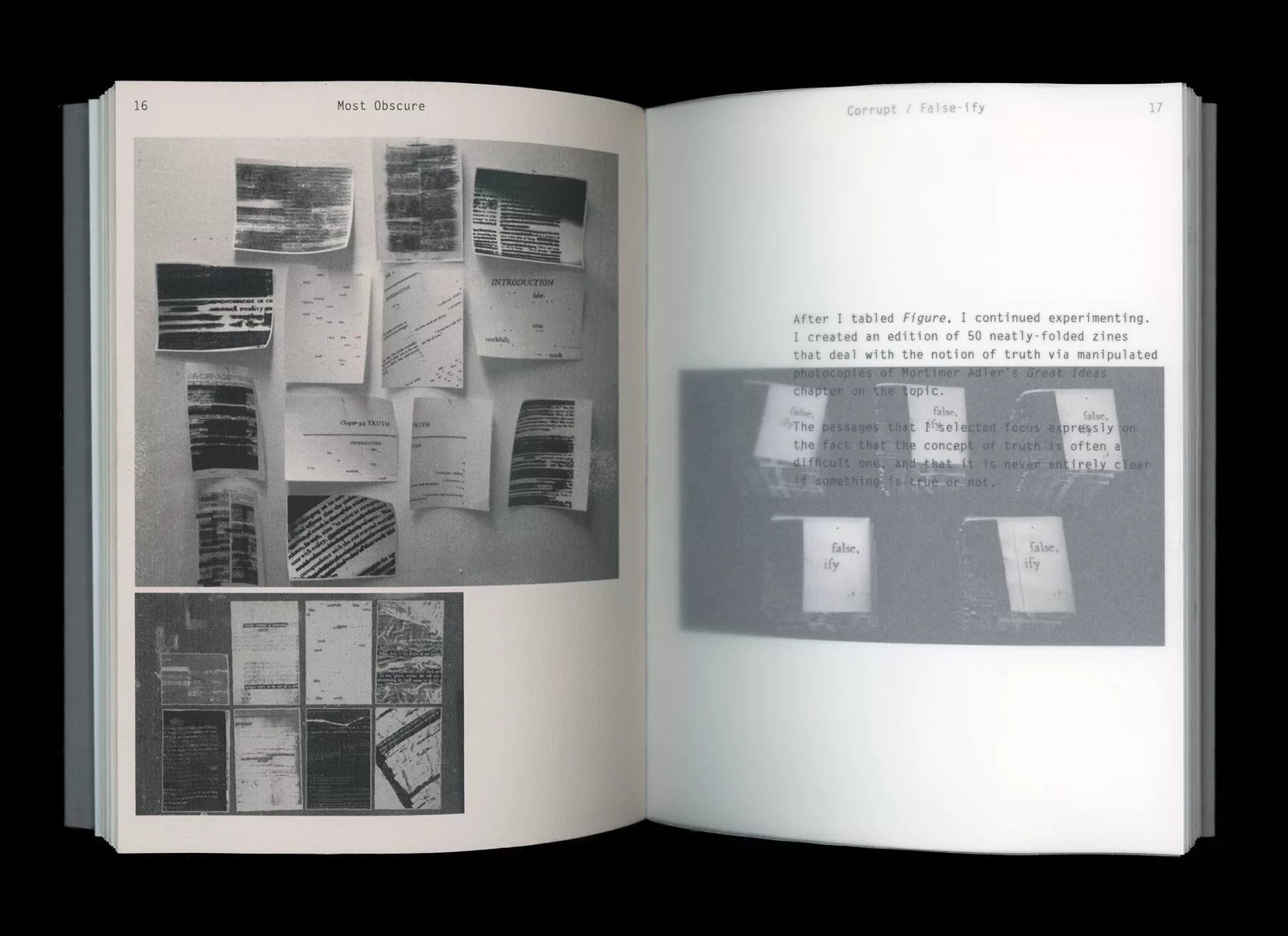 Spread of 'Most Obscure' book showing modified and obscured scanned book pages, and zines that were made from these images.