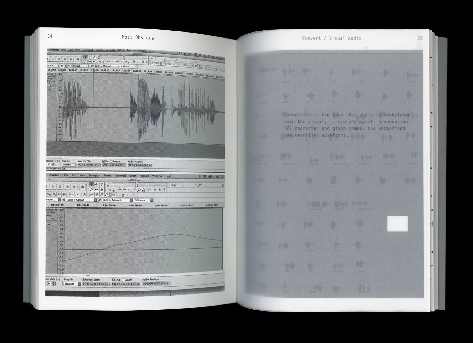 Spread of 'Most Obscure' book showing waveforms of vocalized characters.
