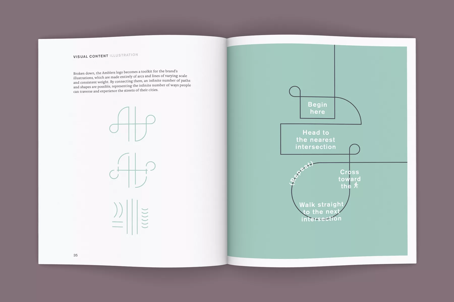 Book spread with Amblers branding guidelines (illustration).
