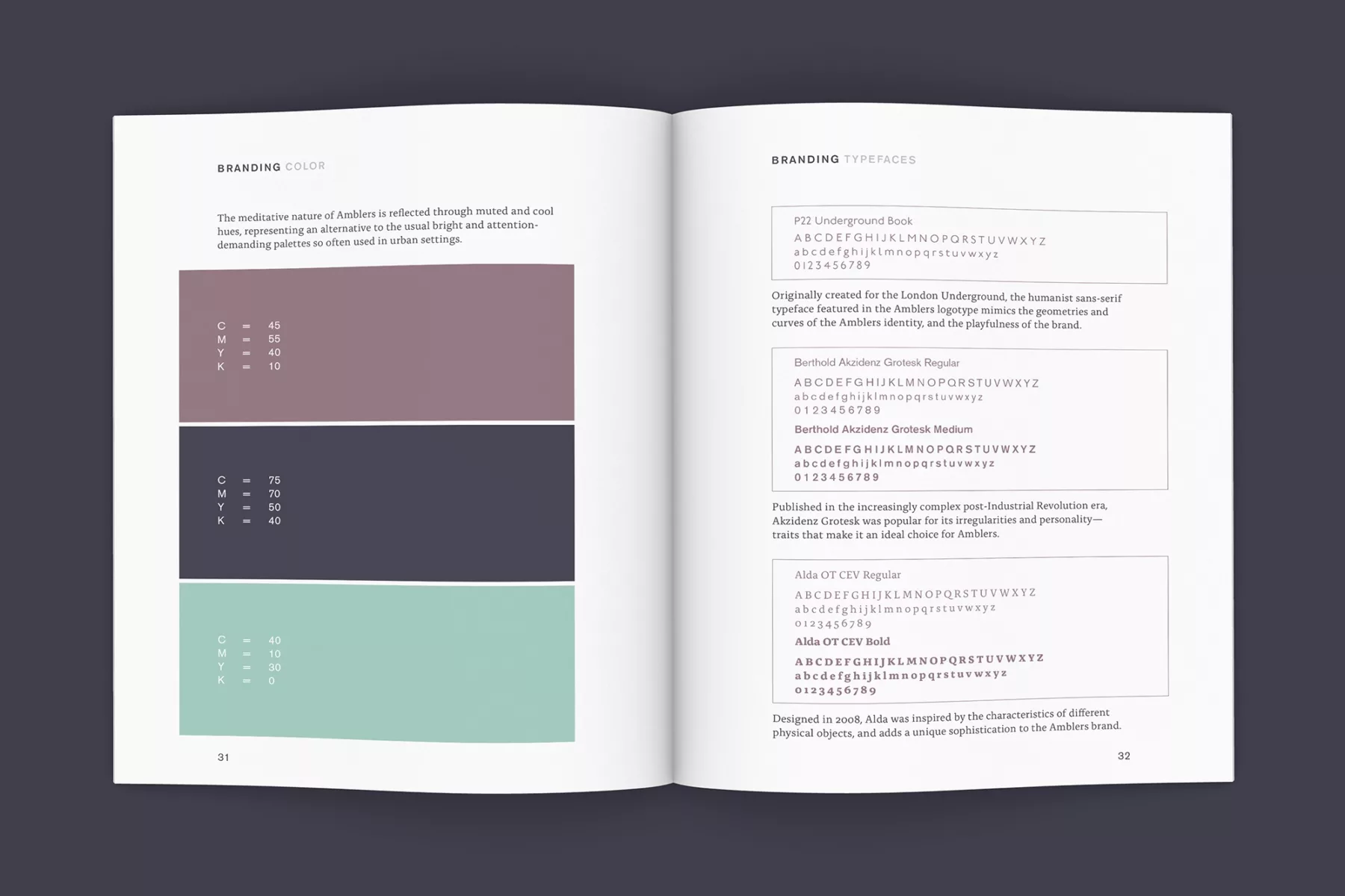 Book spread with Amblers branding guidelines (colors).