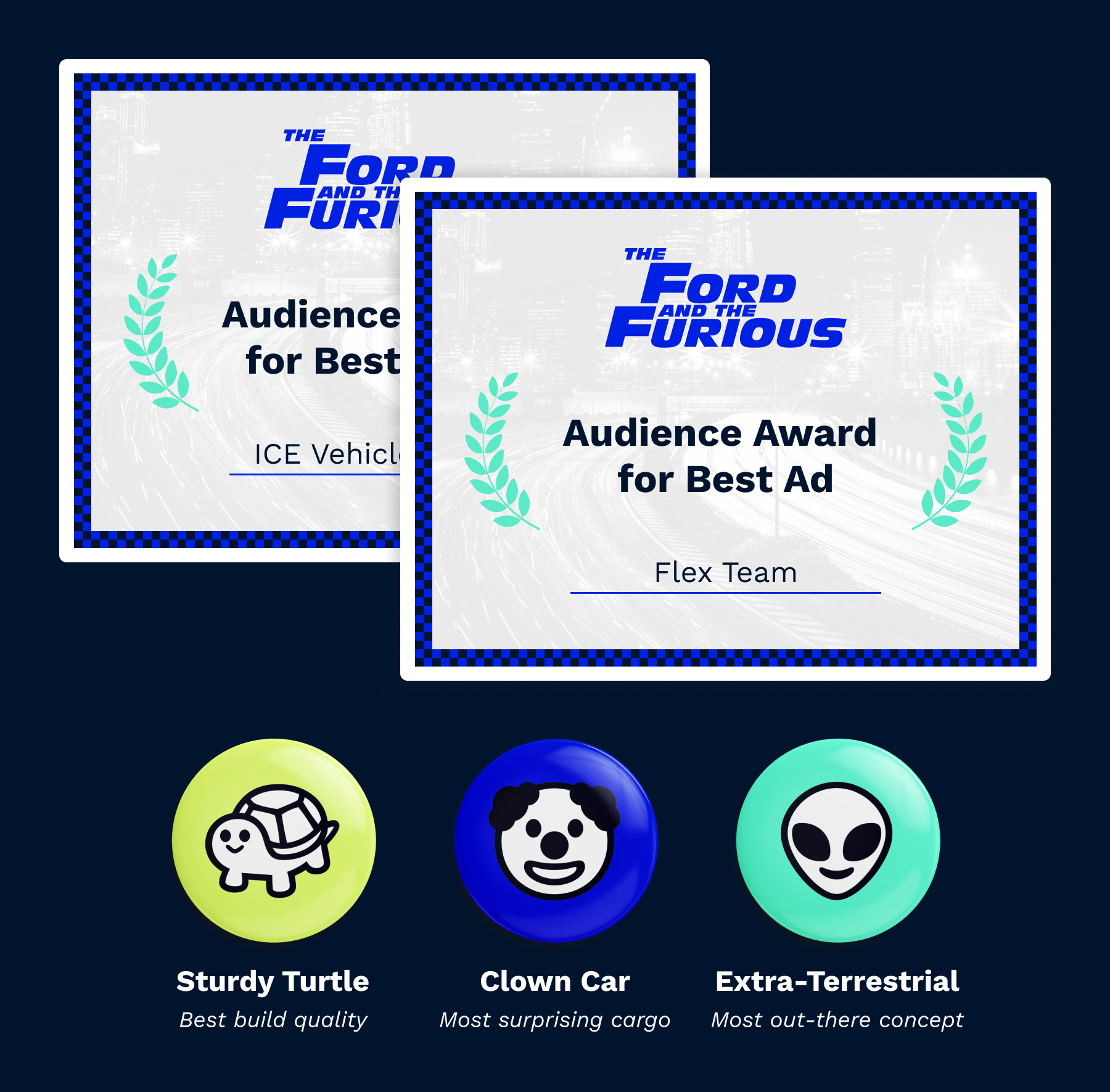 Three button pins: the first features a turtle and is an award for the "Sturdy Turtle: Best build quality," the second features a clown and is an award for "Clown Car: Most surprising cargo," and the third features an alien and is an award for "Extra-Terrestrial: Most out-there concept."